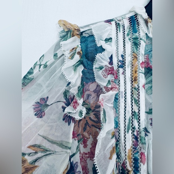 Zimmermann floral long sleeves dress with linen slip white multi color Au 0 US 4 - Picture 4 of 16